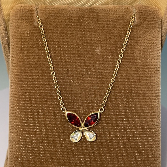 Solid Stamped 14K Yellow Gold Italy Natural Garnet & Diamond Butterfly Necklace - Picture 2 of 16